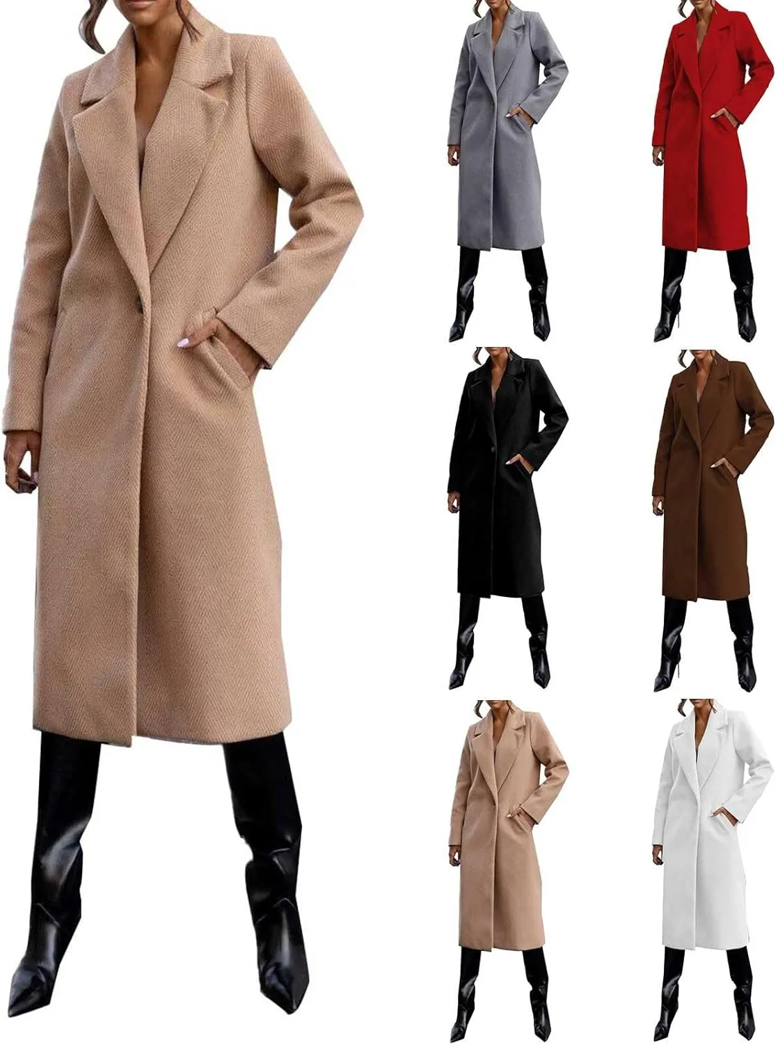 Miyaomn Womens Trench Coat Winter Notched Lapel One Button Mid-Long Pea Coat Casual Work Office Overcoats Jacket with Pockets