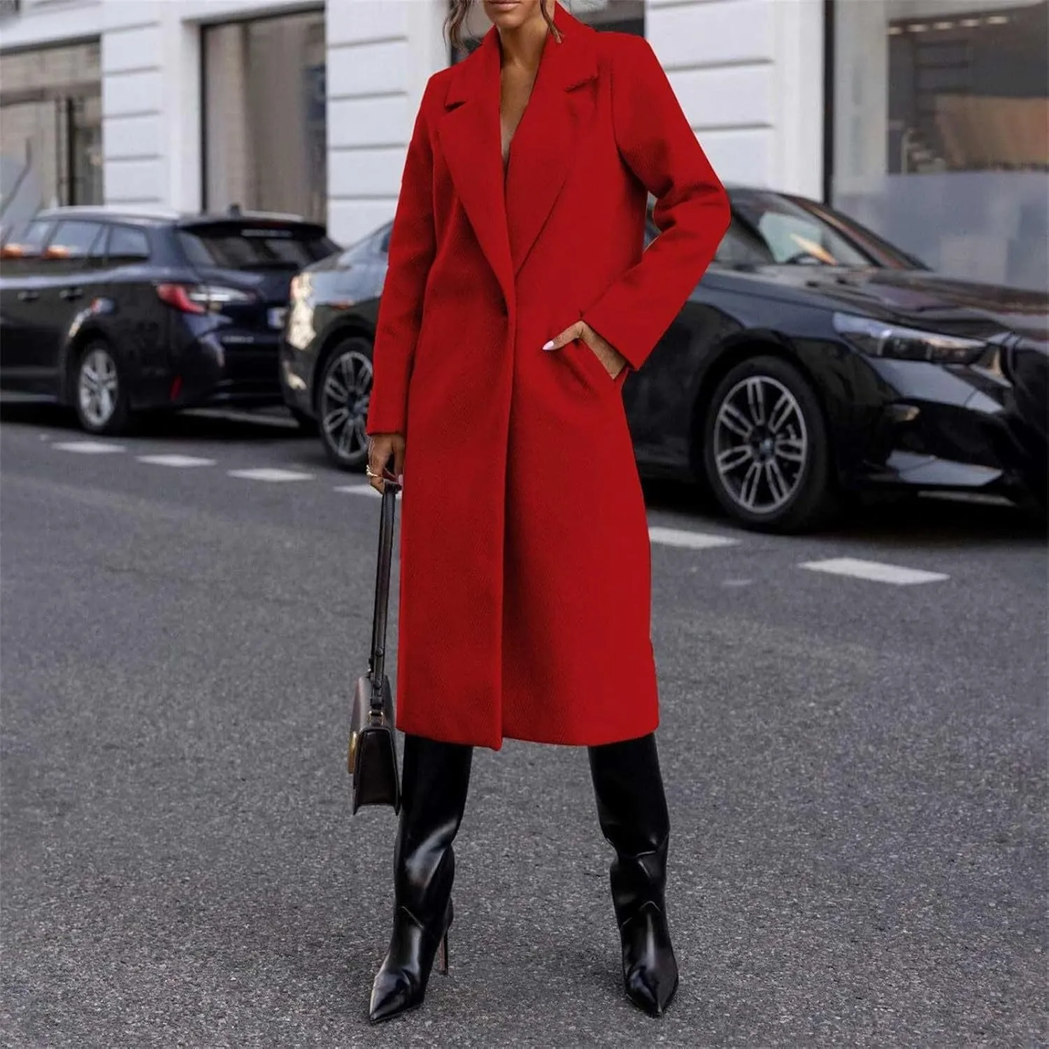 Miyaomn Womens Trench Coat Winter Notched Lapel One Button Mid-Long Pea Coat Casual Work Office Overcoats Jacket with Pockets