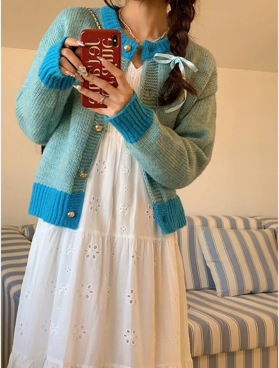 MOLERFO Color Block Cardigan Sweater Cute Sweaters Y2k Button Down Cropped Knit Cardigan Fall Sweater Trendy 2024