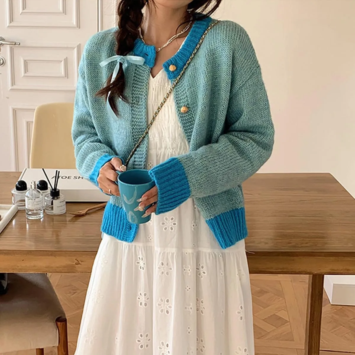 MOLERFO Color Block Cardigan Sweater Cute Sweaters Y2k Button Down Cropped Knit Cardigan Fall Sweater Trendy 2024