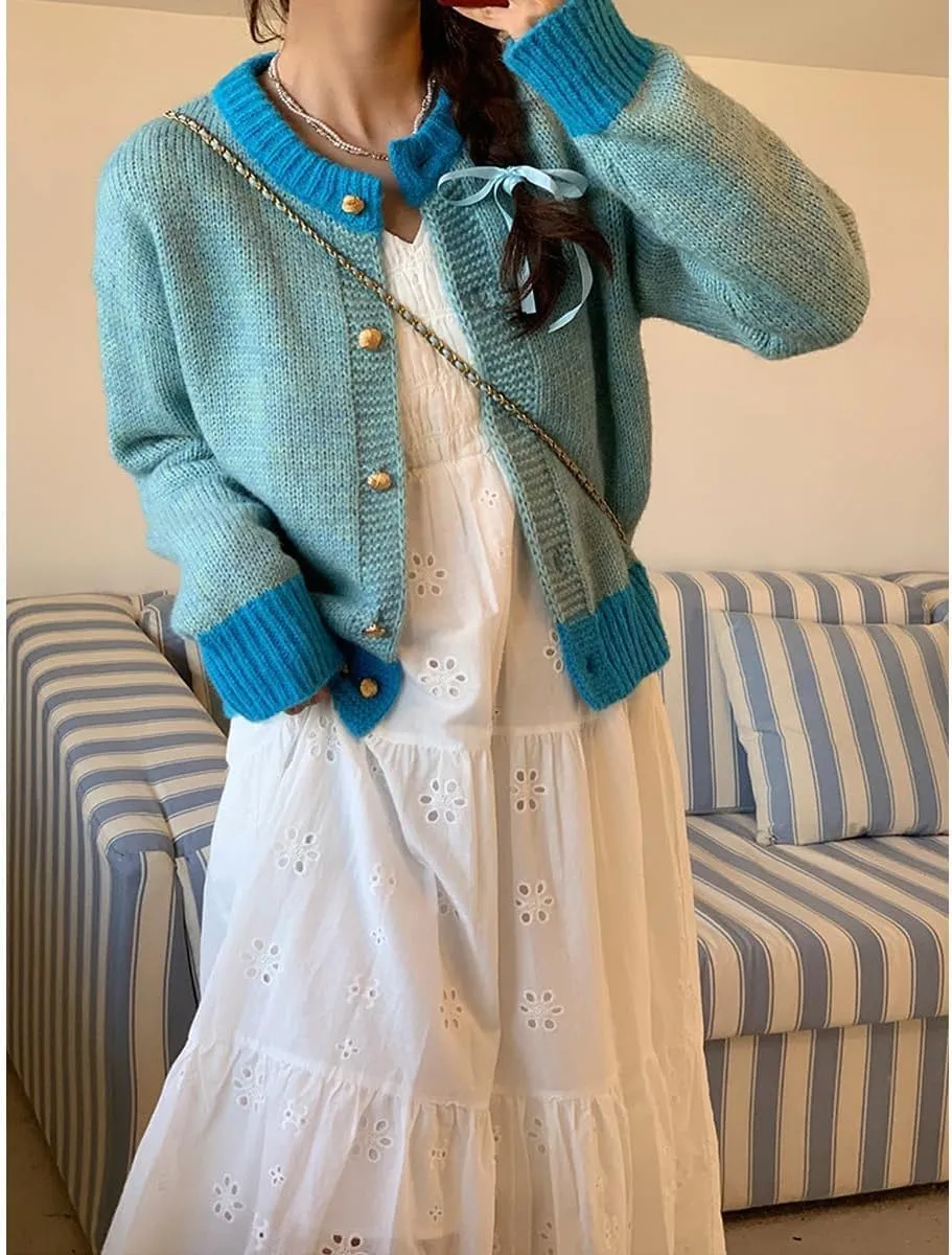 MOLERFO Color Block Cardigan Sweater Cute Sweaters Y2k Button Down Cropped Knit Cardigan Fall Sweater Trendy 2024