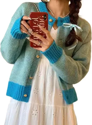 MOLERFO Color Block Cardigan Sweater Cute Sweaters Y2k Button Down Cropped Knit Cardigan Fall Sweater Trendy 2024