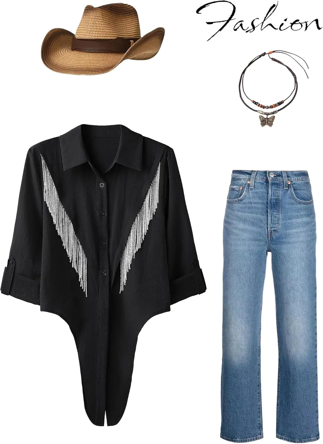 MYMORE Womens Rhinestone Fringe Cropped Button Down Shirt Rolled 3/4 Sleeve Tie Front Top Western Cowgirl Rodeo Outfit