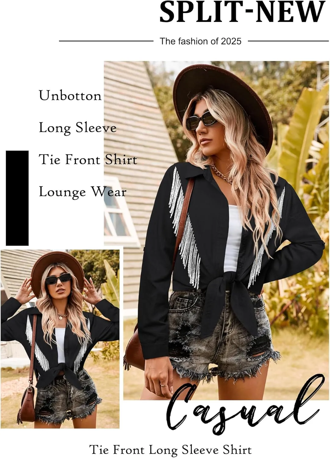 MYMORE Womens Rhinestone Fringe Cropped Button Down Shirt Rolled 3/4 Sleeve Tie Front Top Western Cowgirl Rodeo Outfit