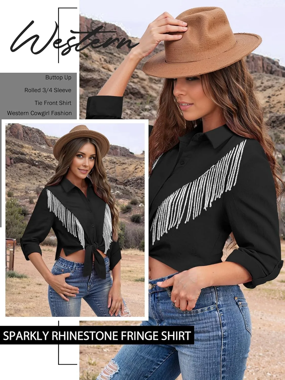 MYMORE Womens Rhinestone Fringe Cropped Button Down Shirt Rolled 3/4 Sleeve Tie Front Top Western Cowgirl Rodeo Outfit