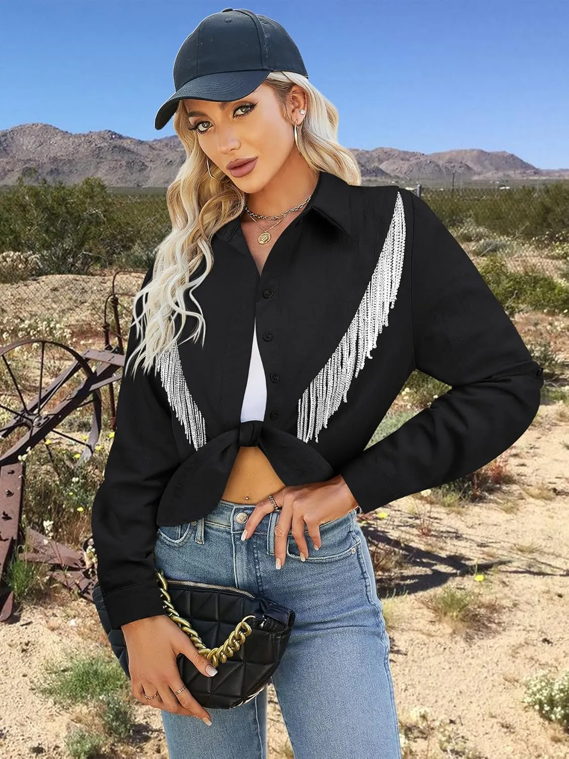 MYMORE Womens Rhinestone Fringe Cropped Button Down Shirt Rolled 3/4 Sleeve Tie Front Top Western Cowgirl Rodeo Outfit