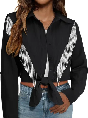 MYMORE Womens Rhinestone Fringe Cropped Button Down Shirt Rolled 3/4 Sleeve Tie Front Top Western Cowgirl Rodeo Outfit