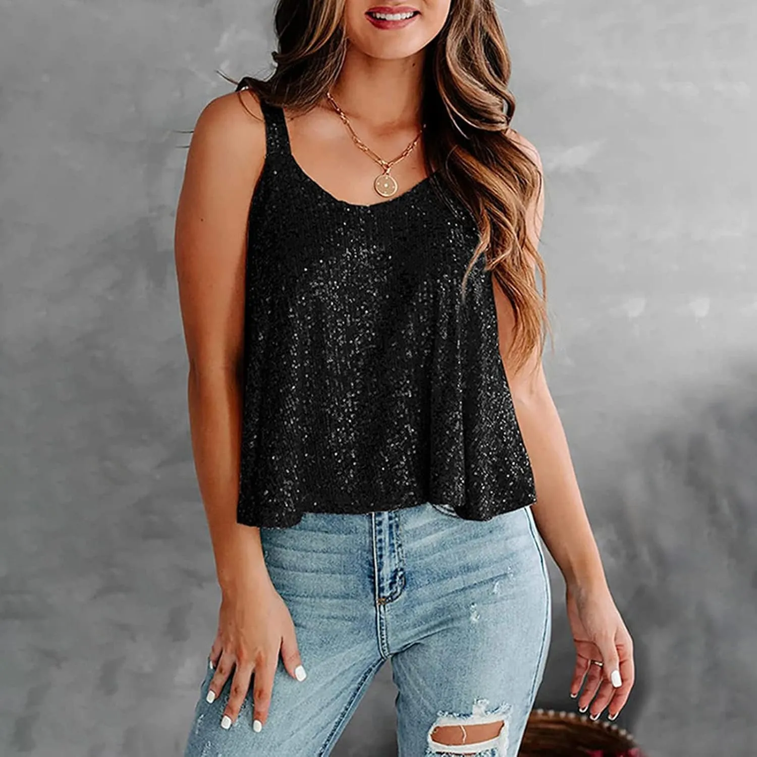 NaRHbrg Sequin Tank Tops for Women Casual Fashion V Neck Strappy Sequin Sparkle Shimmer Camisole Sleeveless Blouses Shirts