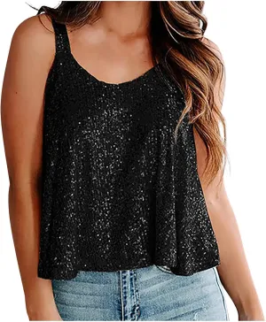 NaRHbrg Sequin Tank Tops for Women Casual Fashion V Neck Strappy Sequin Sparkle Shimmer Camisole Sleeveless Blouses Shirts