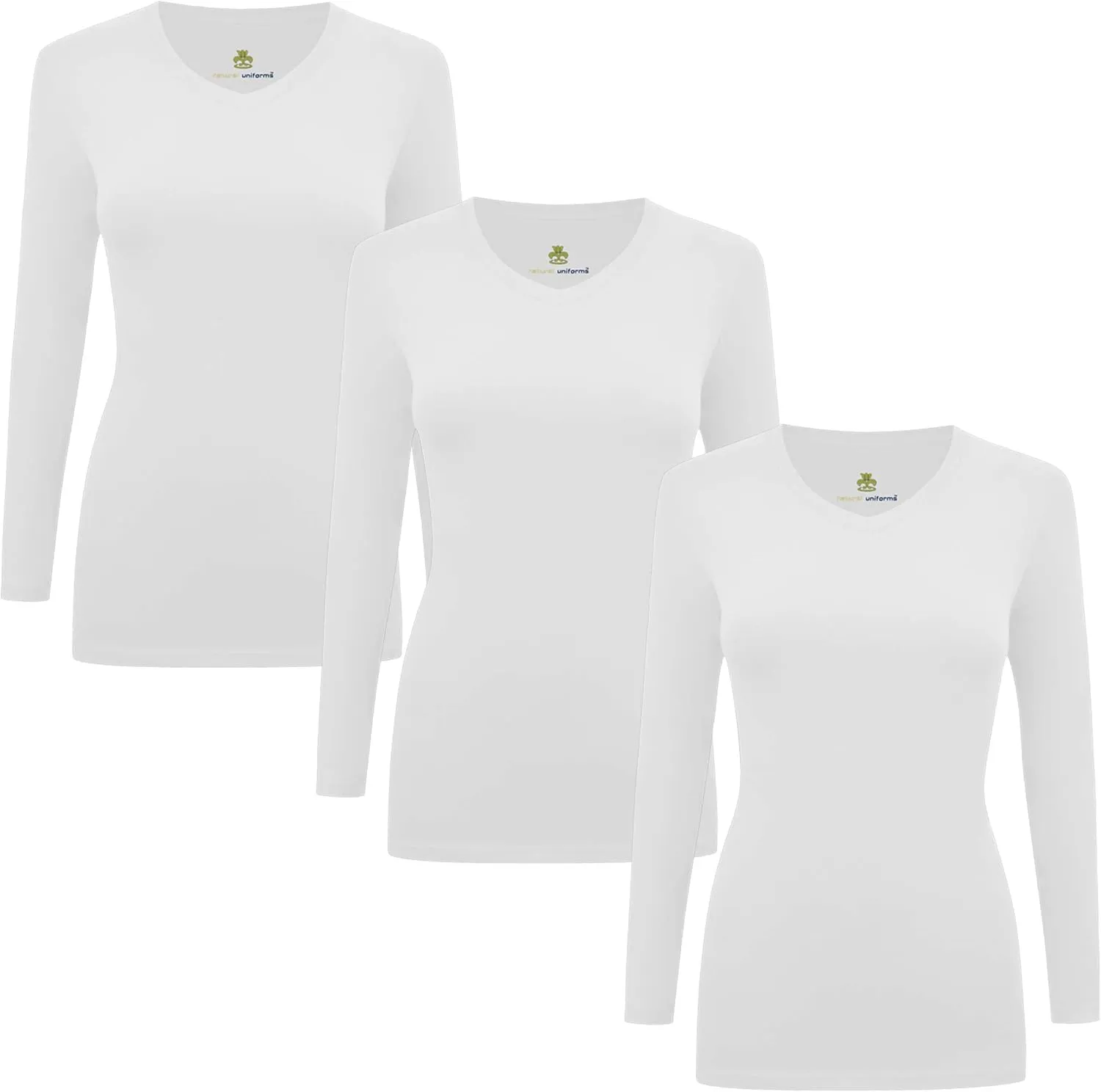 Natural Uniforms Women's Under Scrub Tee V-Neck Long Sleeve T-Shirt-3-Pack