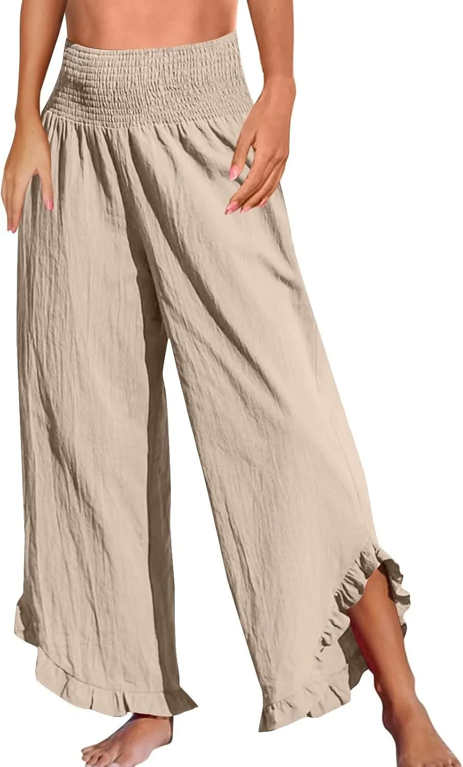 NBXNZWF Womens Linen Palazzo Pants Smock Elastic Waist Wide Leg Flowy Trousers 2025 Summer Ruffle Hem Beach Lounge Pants