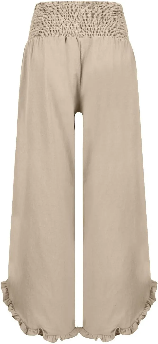 NBXNZWF Womens Linen Palazzo Pants Smock Elastic Waist Wide Leg Flowy Trousers 2025 Summer Ruffle Hem Beach Lounge Pants