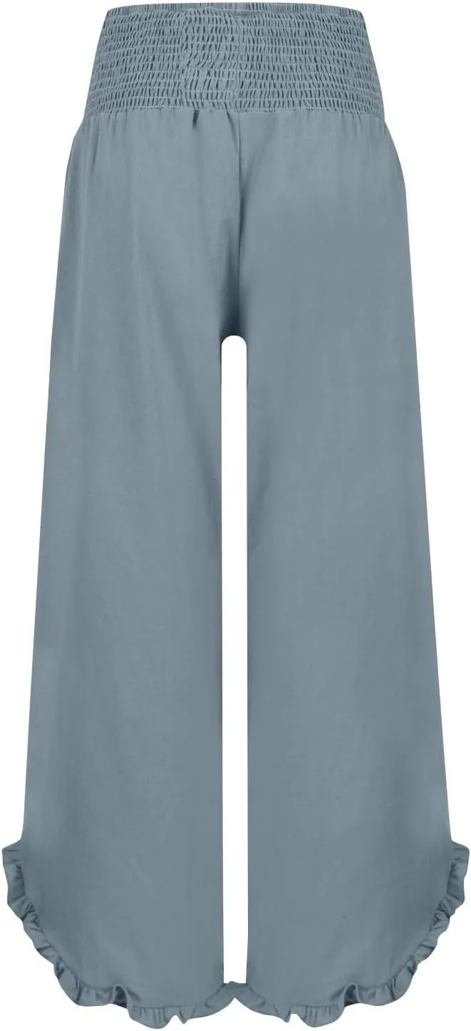 NBXNZWF Womens Linen Palazzo Pants Smock Elastic Waist Wide Leg Flowy Trousers 2025 Summer Ruffle Hem Beach Lounge Pants