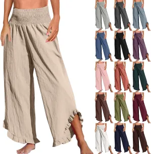 NBXNZWF Womens Linen Palazzo Pants Smock Elastic Waist Wide Leg Flowy Trousers 2025 Summer Ruffle Hem Beach Lounge Pants