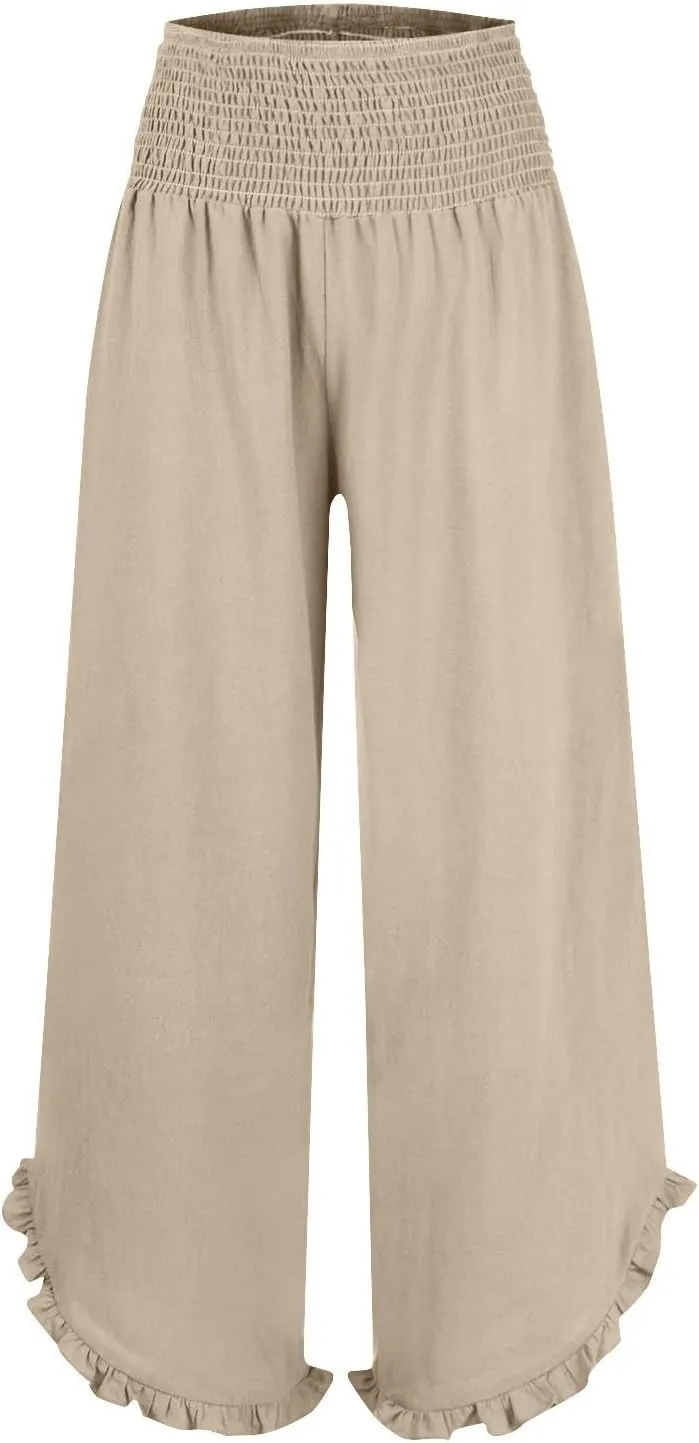 NBXNZWF Womens Linen Palazzo Pants Smock Elastic Waist Wide Leg Flowy Trousers 2025 Summer Ruffle Hem Beach Lounge Pants