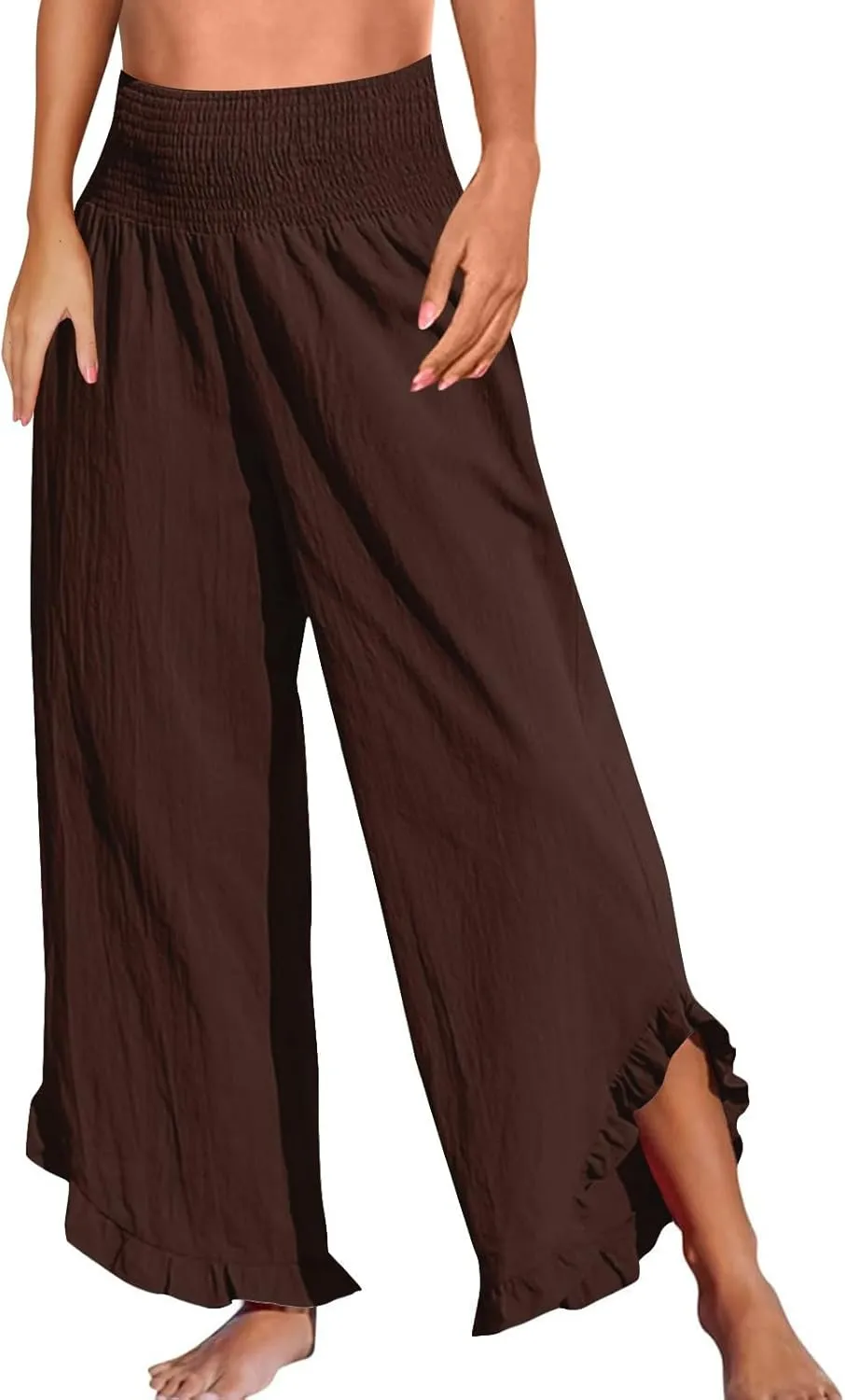 NBXNZWF Womens Linen Palazzo Pants Smock Elastic Waist Wide Leg Flowy Trousers 2025 Summer Ruffle Hem Beach Lounge Pants
