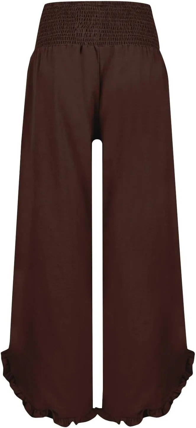 NBXNZWF Womens Linen Palazzo Pants Smock Elastic Waist Wide Leg Flowy Trousers 2025 Summer Ruffle Hem Beach Lounge Pants
