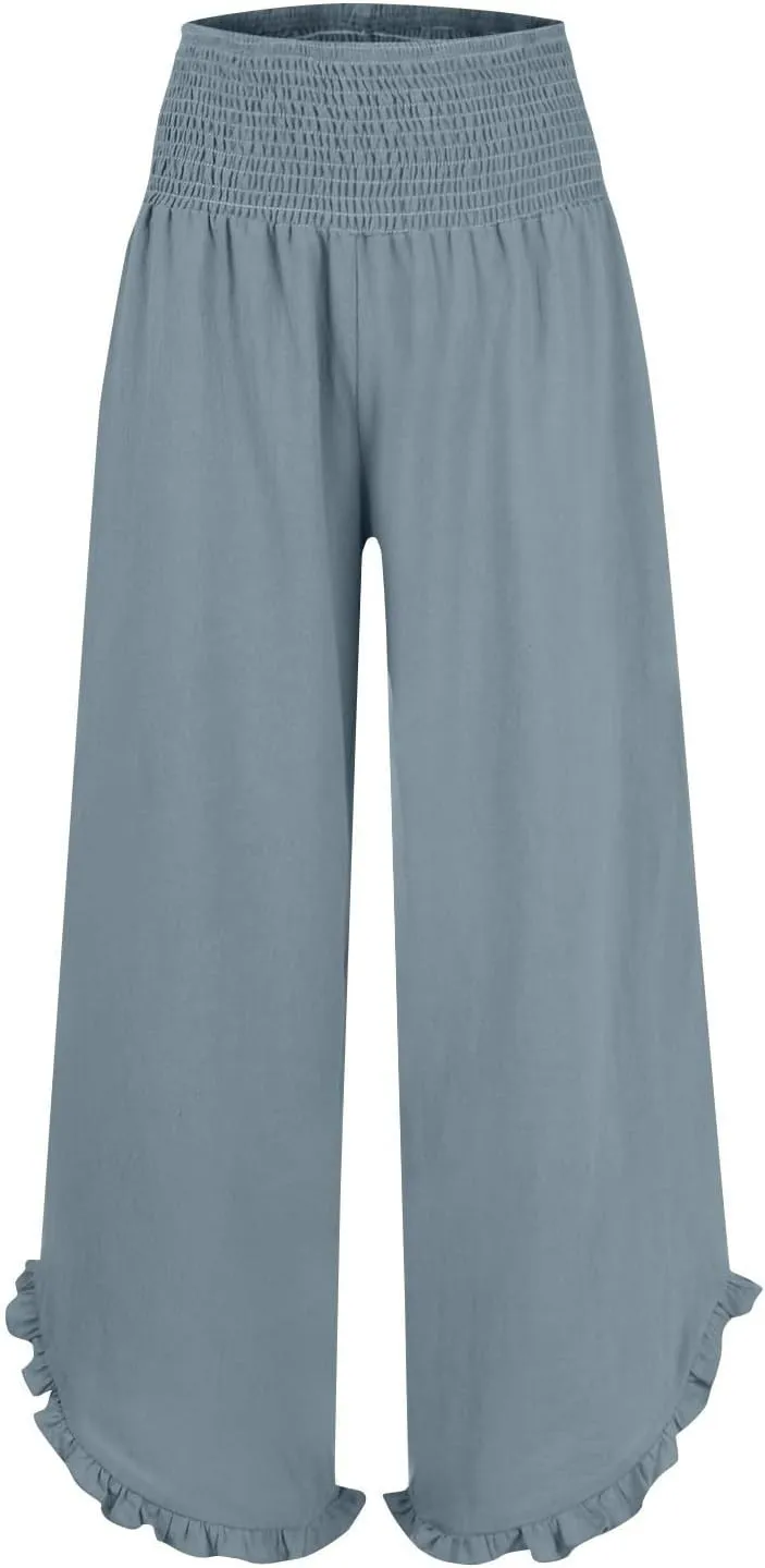 NBXNZWF Womens Linen Palazzo Pants Smock Elastic Waist Wide Leg Flowy Trousers 2025 Summer Ruffle Hem Beach Lounge Pants