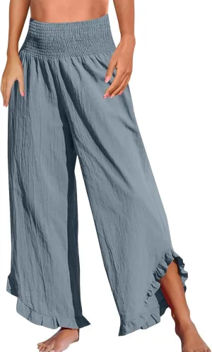 NBXNZWF Womens Linen Palazzo Pants Smock Elastic Waist Wide Leg Flowy Trousers 2025 Summer Ruffle Hem Beach Lounge Pants