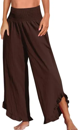NBXNZWF Womens Linen Palazzo Pants Smock Elastic Waist Wide Leg Flowy Trousers 2025 Summer Ruffle Hem Beach Lounge Pants