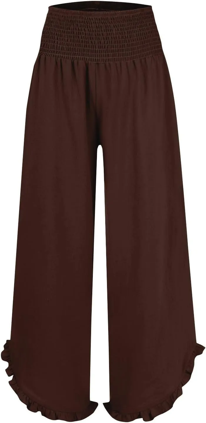 NBXNZWF Womens Linen Palazzo Pants Smock Elastic Waist Wide Leg Flowy Trousers 2025 Summer Ruffle Hem Beach Lounge Pants