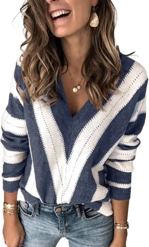 Necooer Womens Sweater Pullover Casual Long Sleeve Crewneck Color Block Pullover Knit Sweater for Women