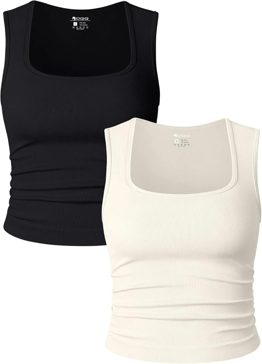 OQQ Womens 2 Piece Crop Tops Rueched Sleeveless Square Neck Stretch Basic Tank Shirts