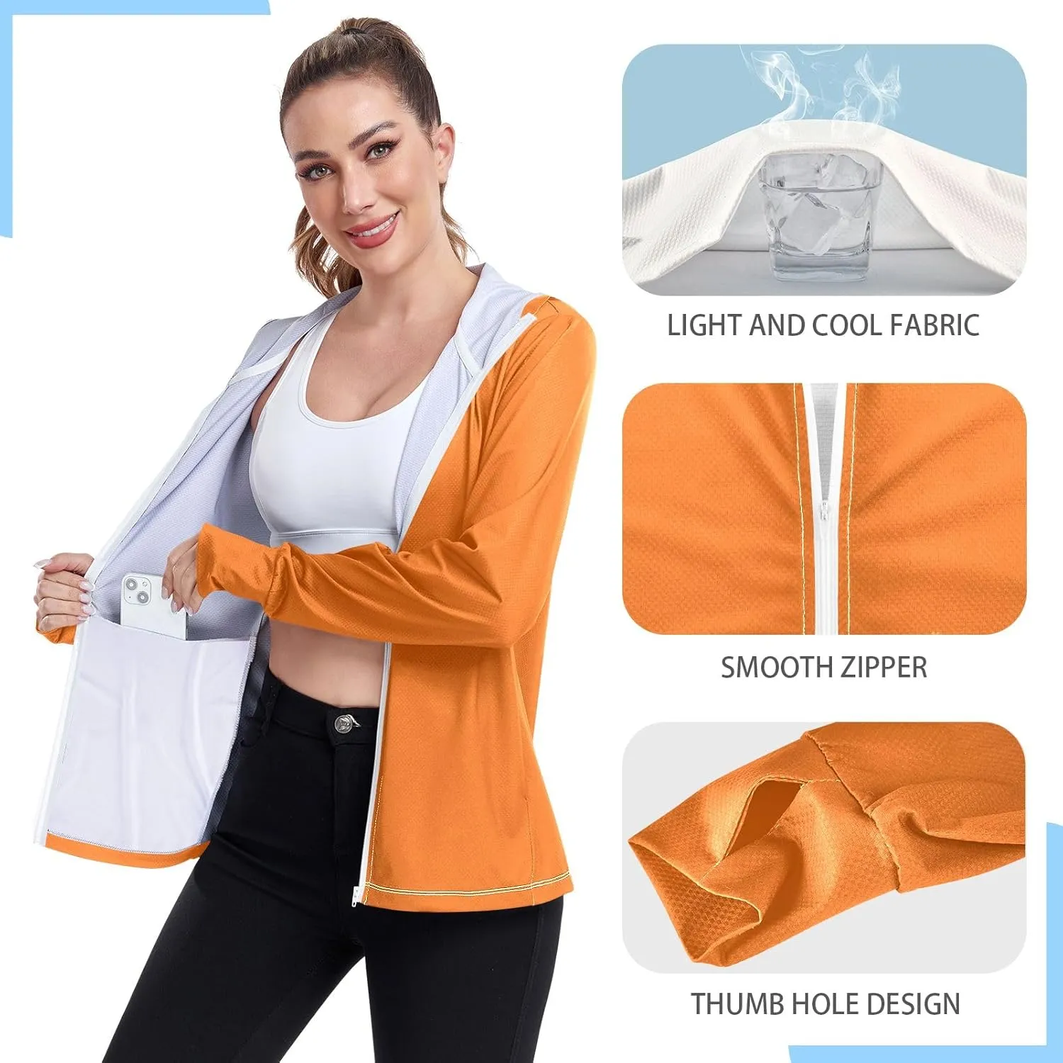 Orange Womens Upf Hoodie UPF 50  UV Sun Protection Clothing Women's Hoodie Zip Front Rash Guard