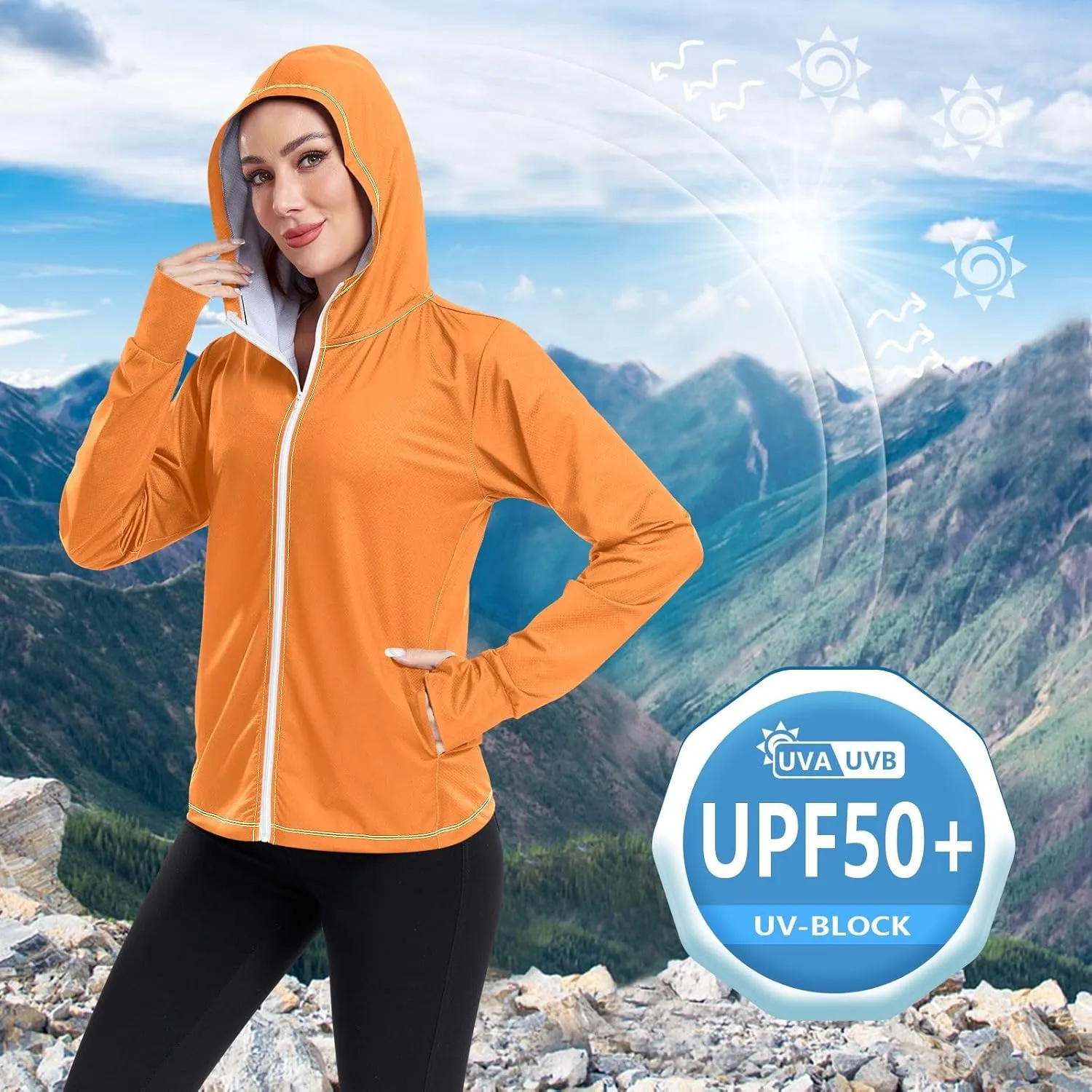 Orange Womens Upf Hoodie UPF 50  UV Sun Protection Clothing Women's Hoodie Zip Front Rash Guard