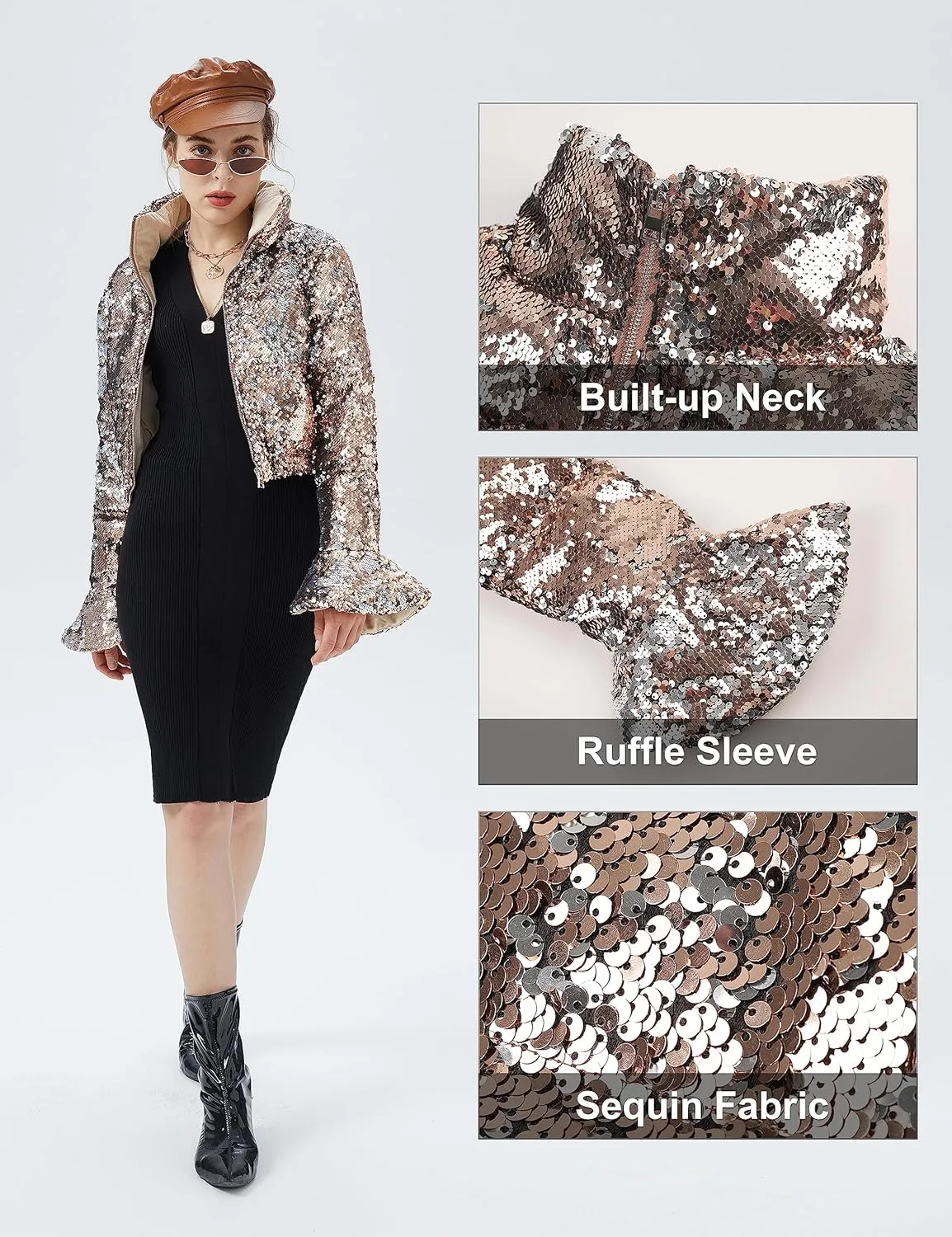 Orolay Women's Ultra Short Shiny Down Coat Sequin Petite Jacket with Stand Collar