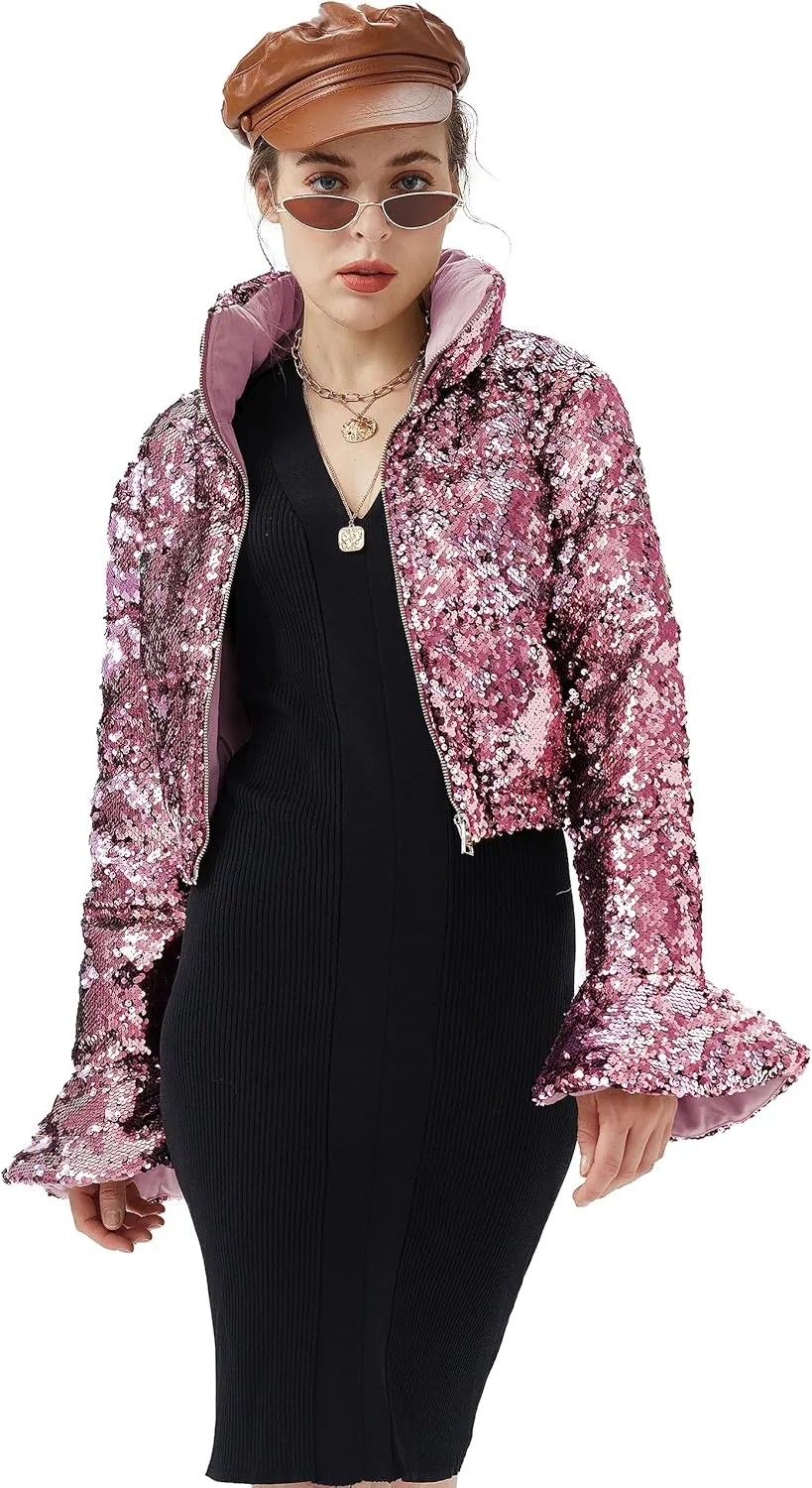 Orolay Women's Ultra Short Shiny Down Coat Sequin Petite Jacket with Stand Collar