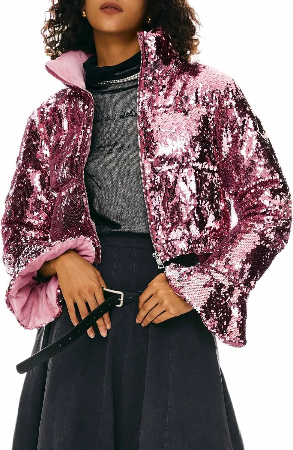 Orolay Women's Ultra Short Shiny Down Coat Sequin Petite Jacket with Stand Collar