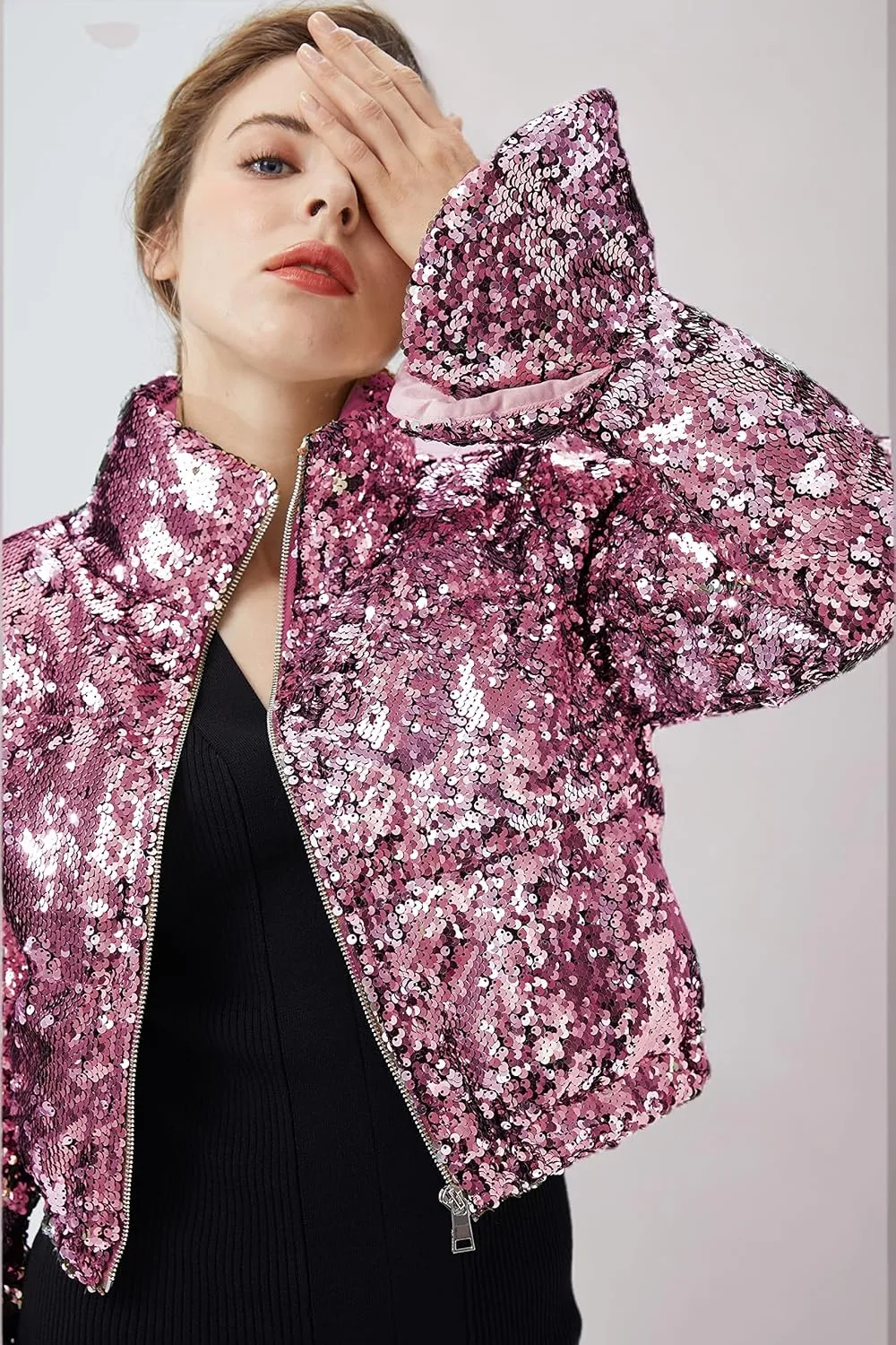 Orolay Women's Ultra Short Shiny Down Coat Sequin Petite Jacket with Stand Collar