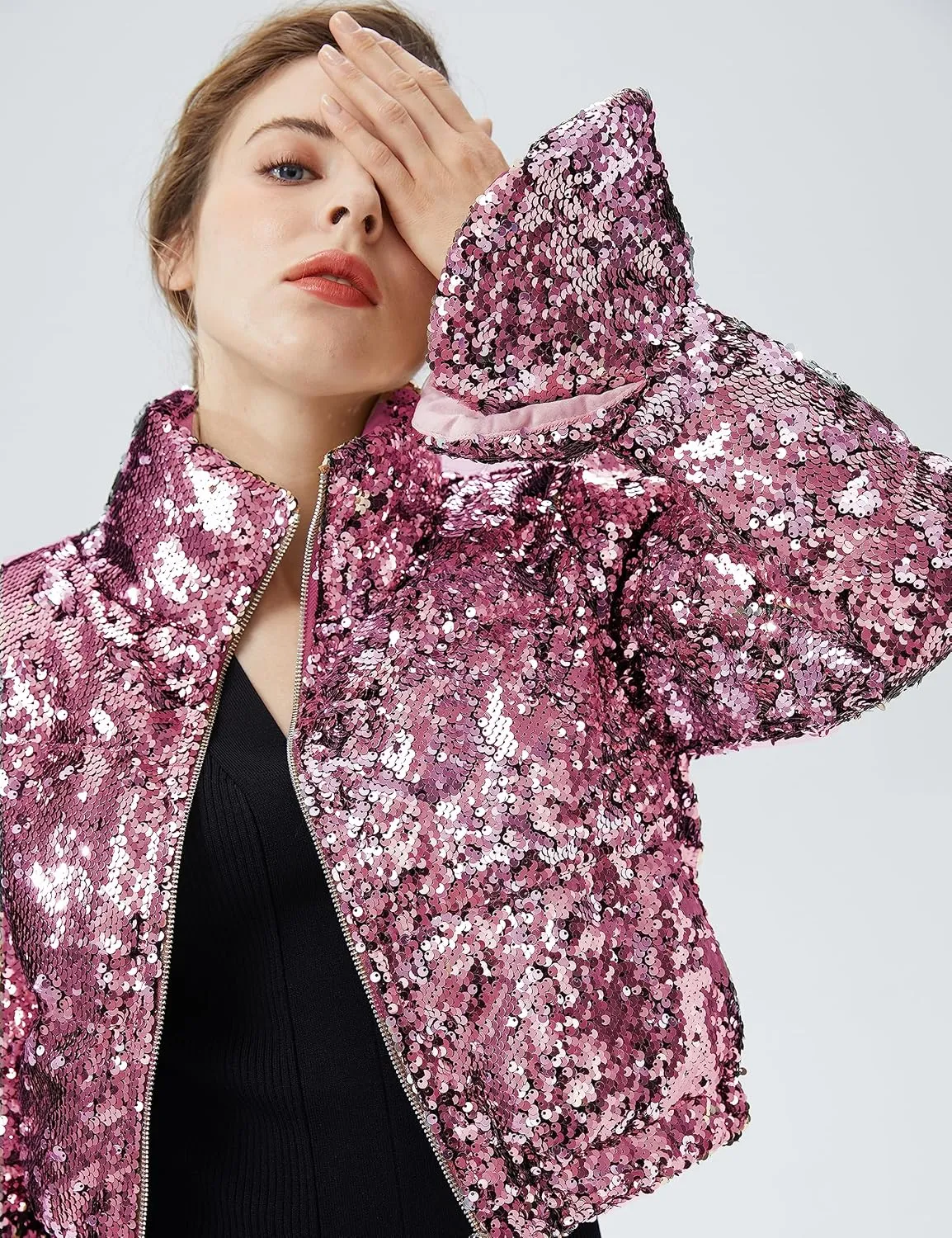 Orolay Women's Ultra Short Shiny Down Coat Sequin Petite Jacket with Stand Collar