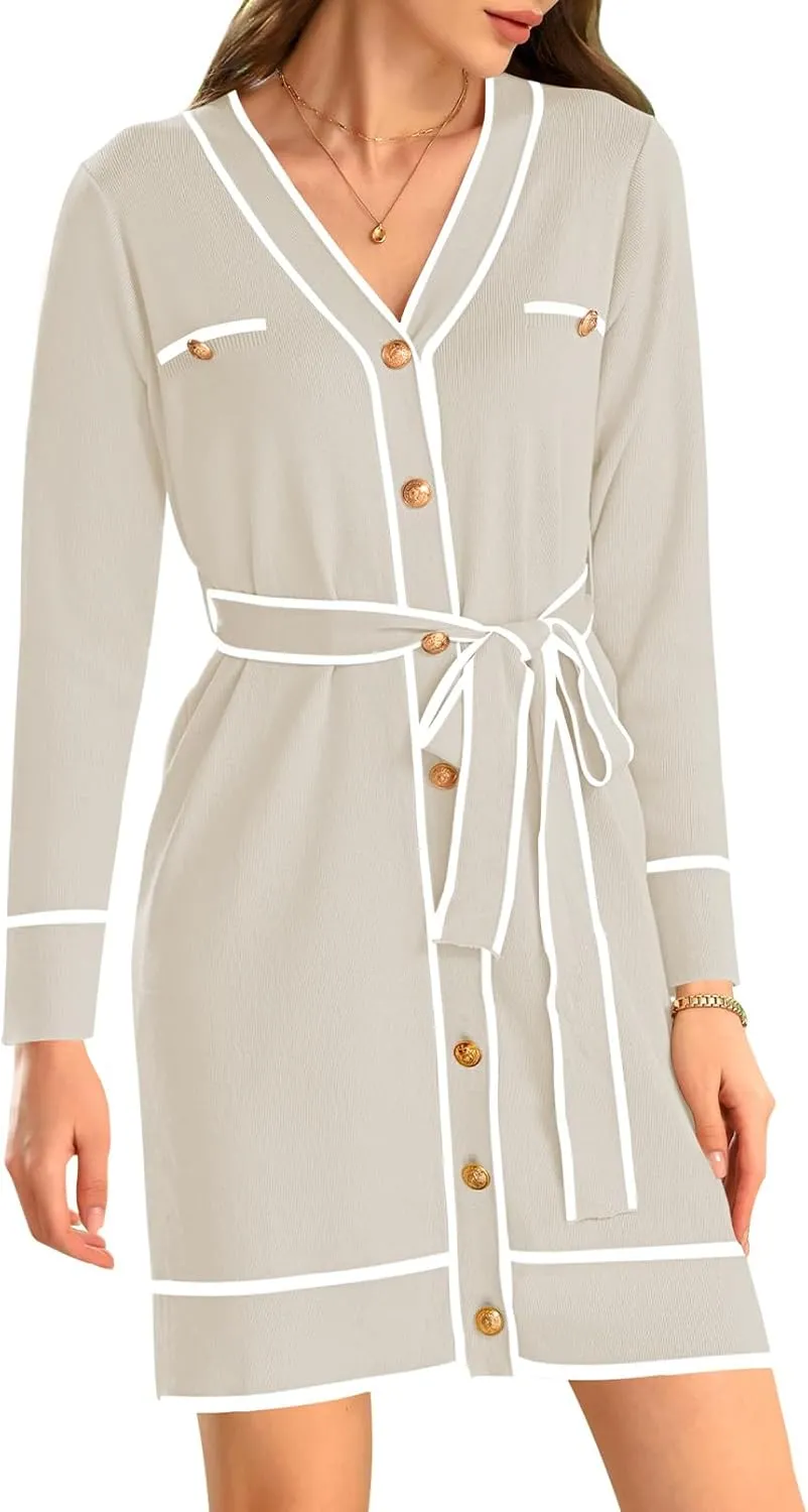 Pink Queen Women's Long Sleeve Button Down Mini Dress Elegant V Neck Open Front Color Block Knit Sweater Cardiagns with Belt