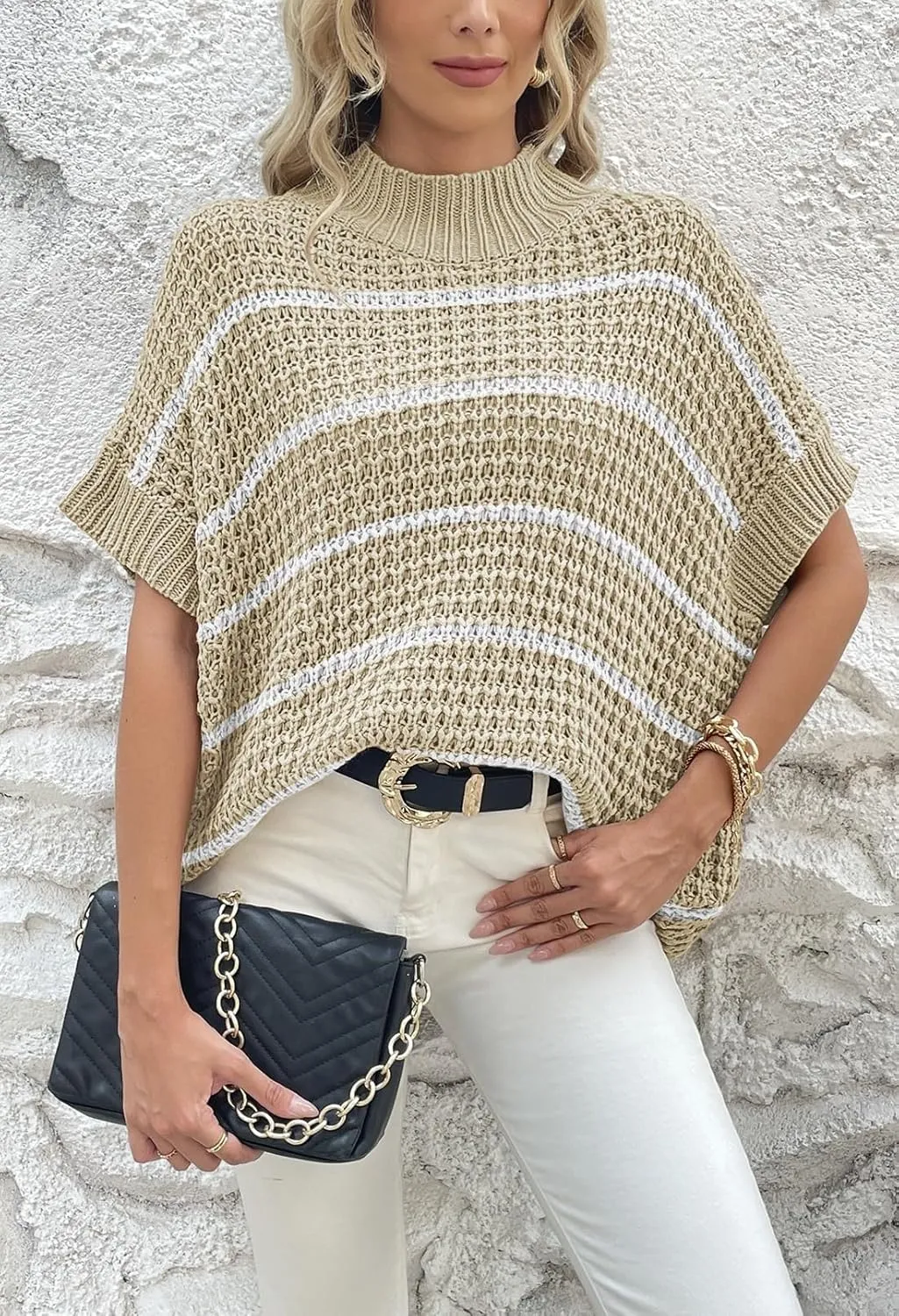 Pink Queen Women's Mock Neck Batwing Short Sleeve Loose Oversized Knit Pullover Sweater Jumper Tops