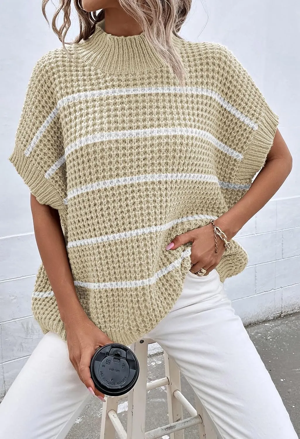 Pink Queen Women's Mock Neck Batwing Short Sleeve Loose Oversized Knit Pullover Sweater Jumper Tops