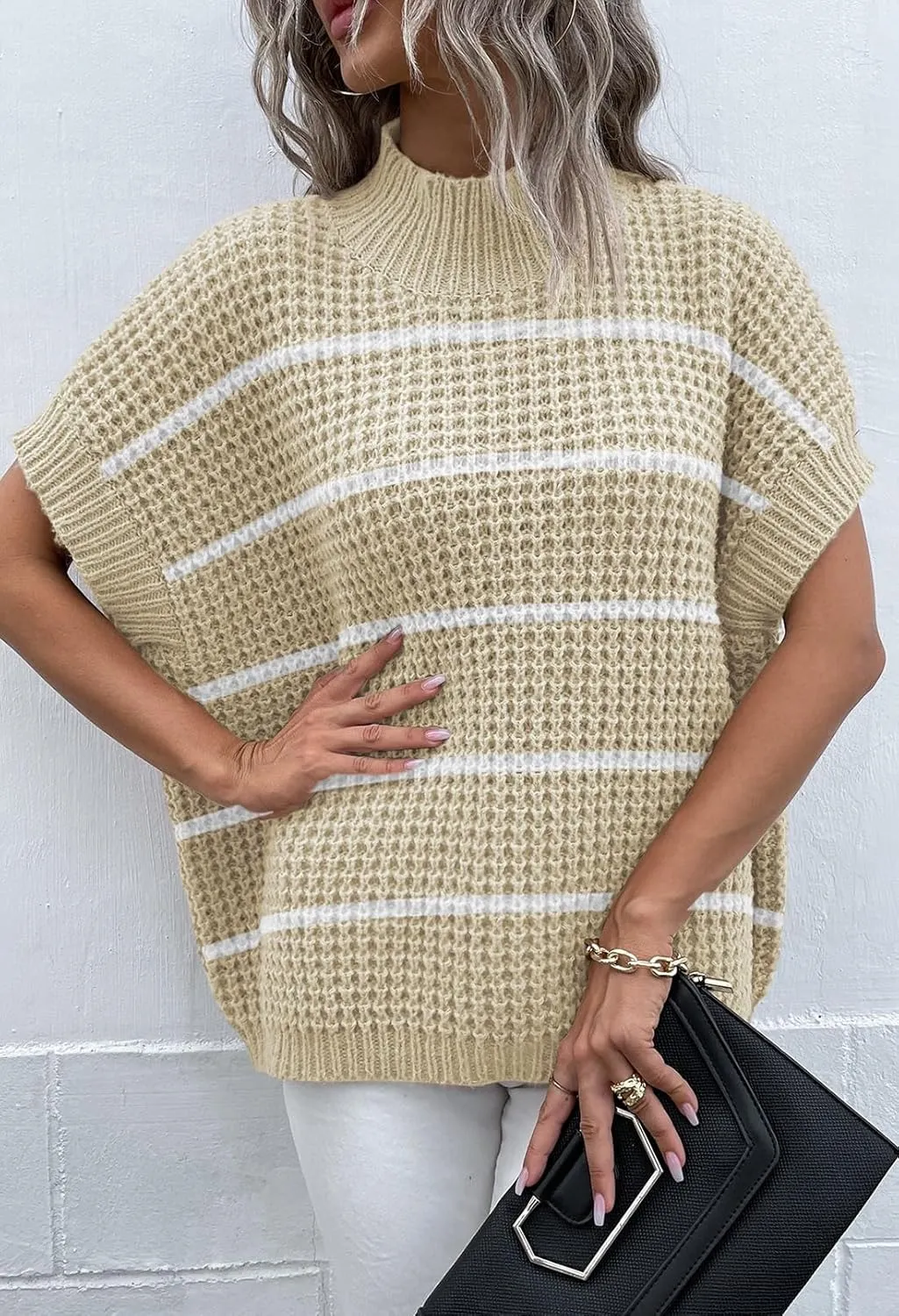 Pink Queen Women's Mock Neck Batwing Short Sleeve Loose Oversized Knit Pullover Sweater Jumper Tops
