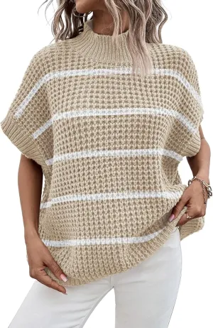 Pink Queen Women's Mock Neck Batwing Short Sleeve Loose Oversized Knit Pullover Sweater Jumper Tops