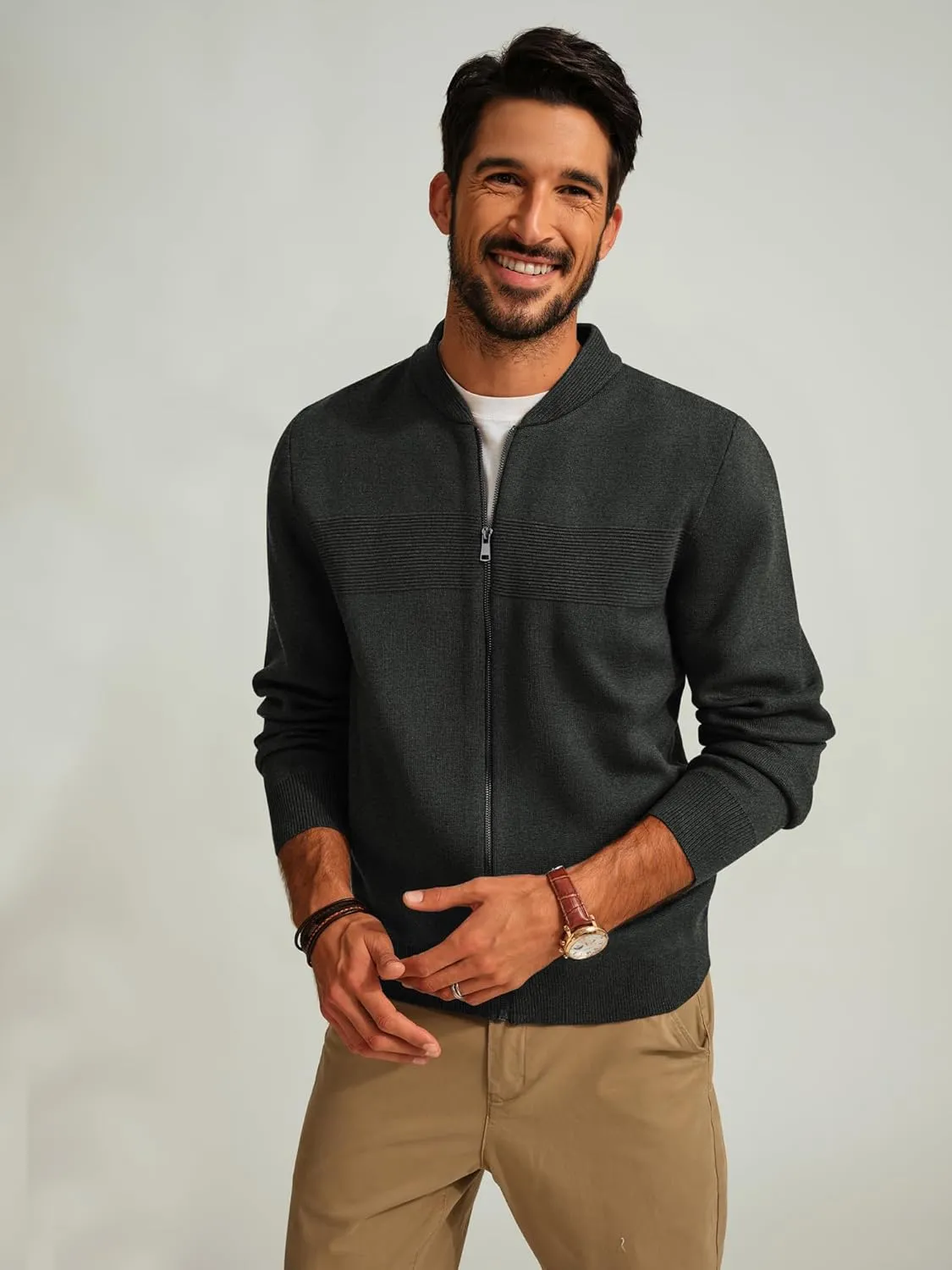 PJ PAUL JONES Mens Full Zip Cardigan Sweater Stand Collar Regular Fit Knit Sweaters