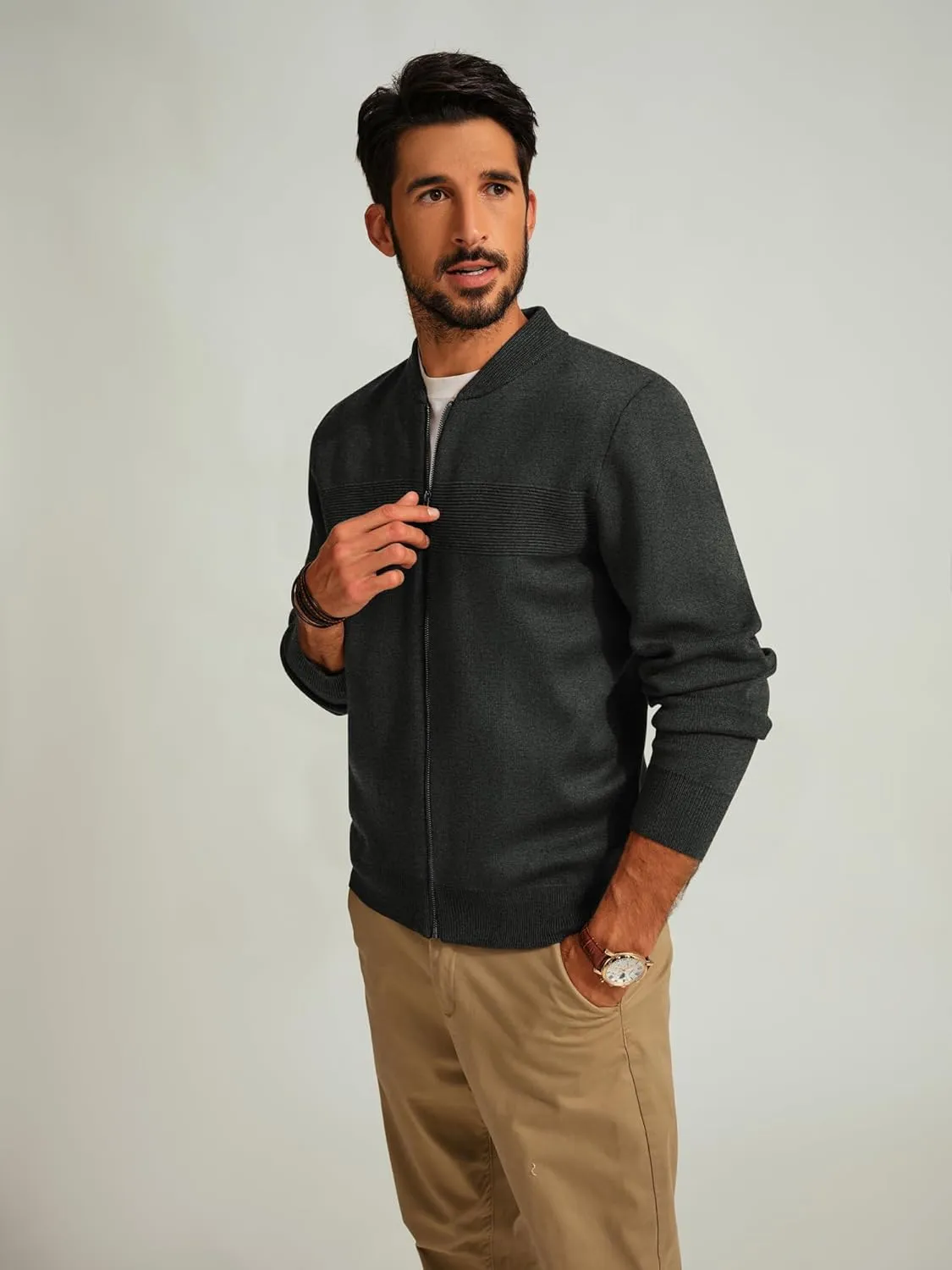 PJ PAUL JONES Mens Full Zip Cardigan Sweater Stand Collar Regular Fit Knit Sweaters