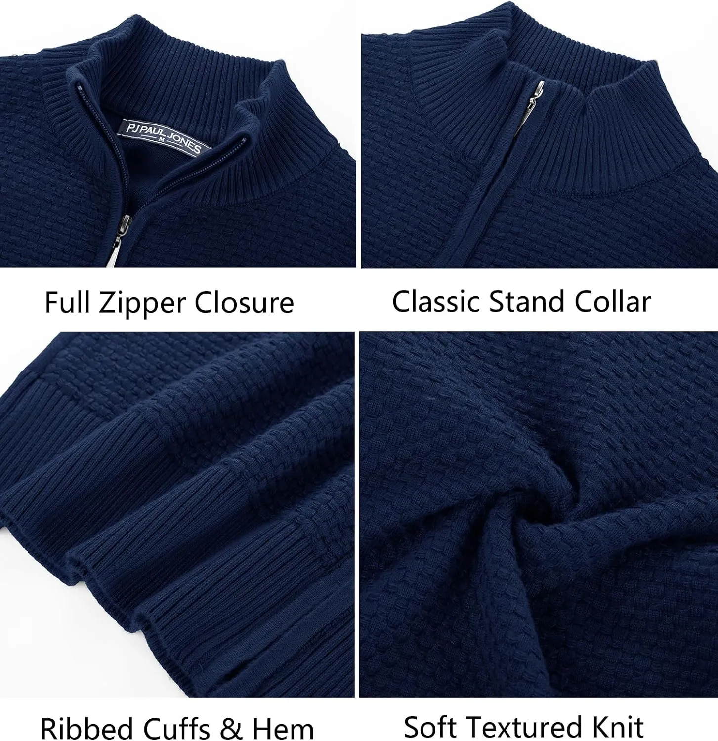 PJ PAUL JONES Men's Full Zip Cardigan Sweaters Casual Stand Collar Cardigan Slim Fit Knitted Sweater