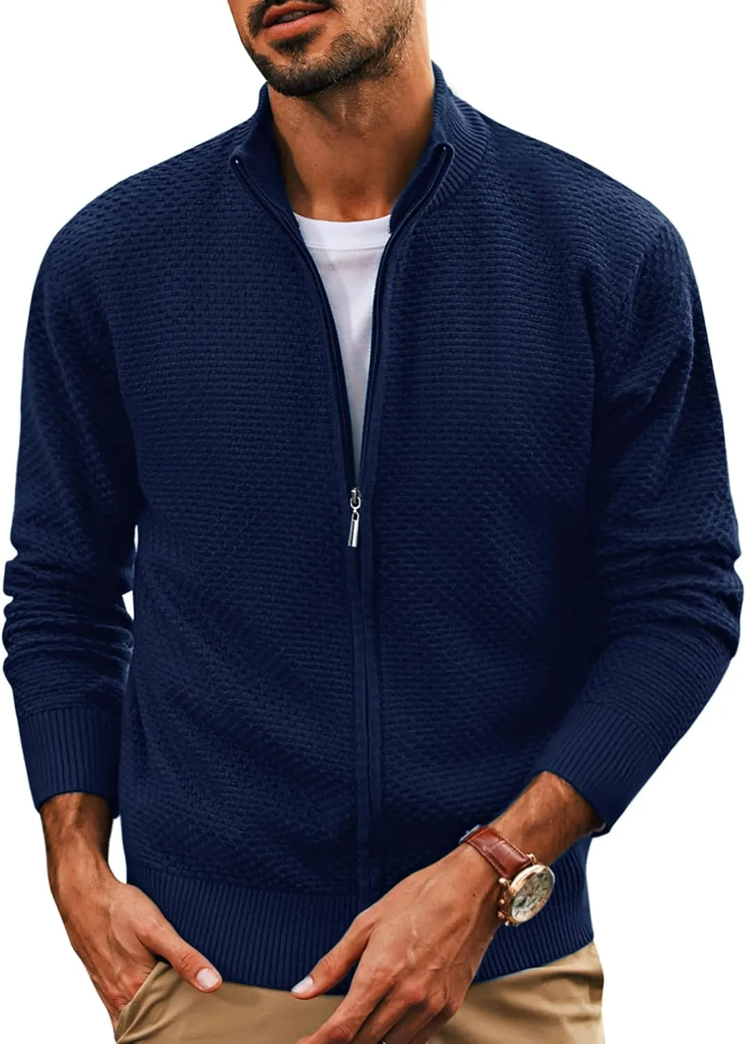 PJ PAUL JONES Men's Full Zip Cardigan Sweaters Casual Stand Collar Cardigan Slim Fit Knitted Sweater