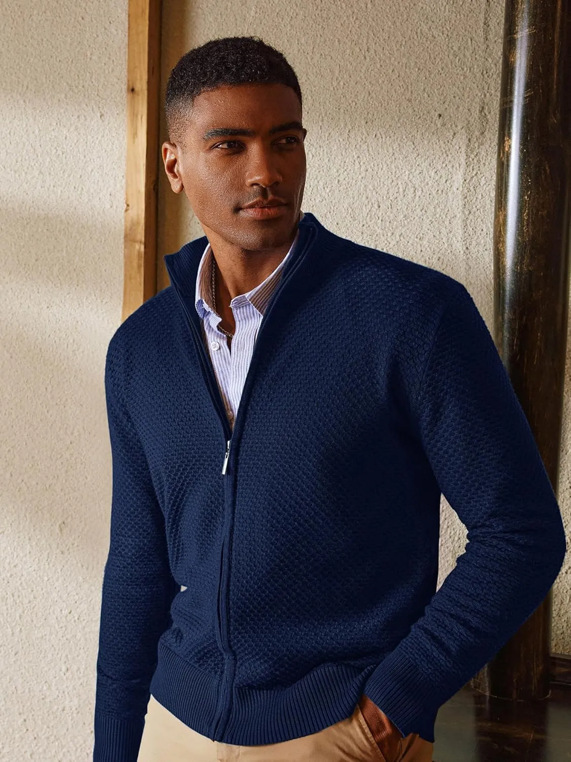 PJ PAUL JONES Men's Full Zip Cardigan Sweaters Casual Stand Collar Cardigan Slim Fit Knitted Sweater