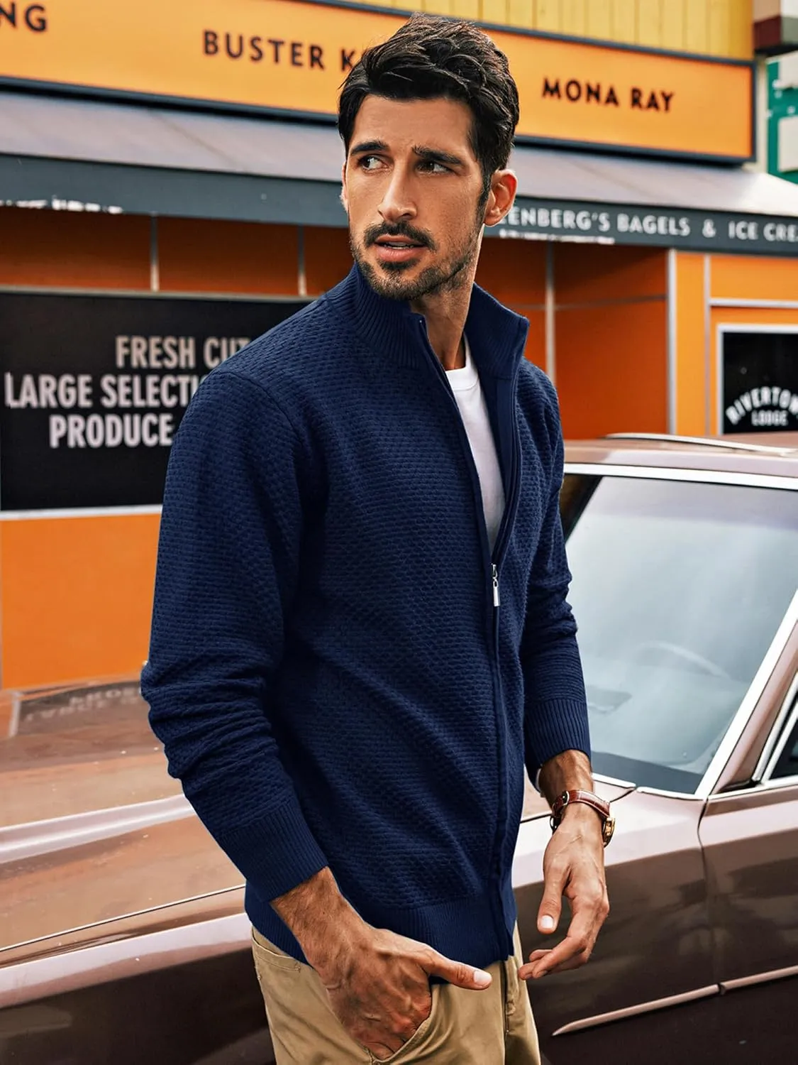 PJ PAUL JONES Men's Full Zip Cardigan Sweaters Casual Stand Collar Cardigan Slim Fit Knitted Sweater
