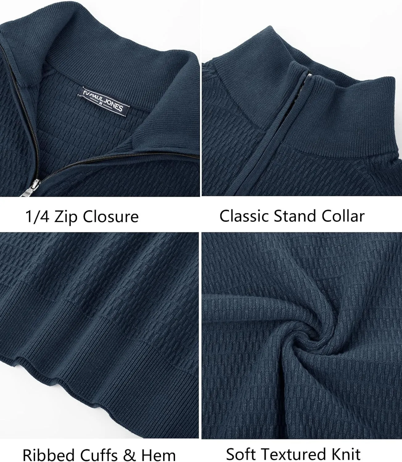 PJ PAUL JONES Men's Quarter Zip Sweaters Slim Fit Long Sleeve Casual Pullover Sweater Knit Textured Mock Neck Polo Sweaters