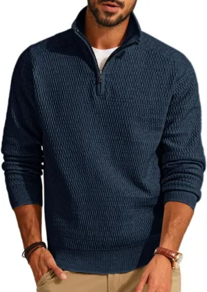 PJ PAUL JONES Men's Quarter Zip Sweaters Slim Fit Long Sleeve Casual Pullover Sweater Knit Textured Mock Neck Polo Sweaters