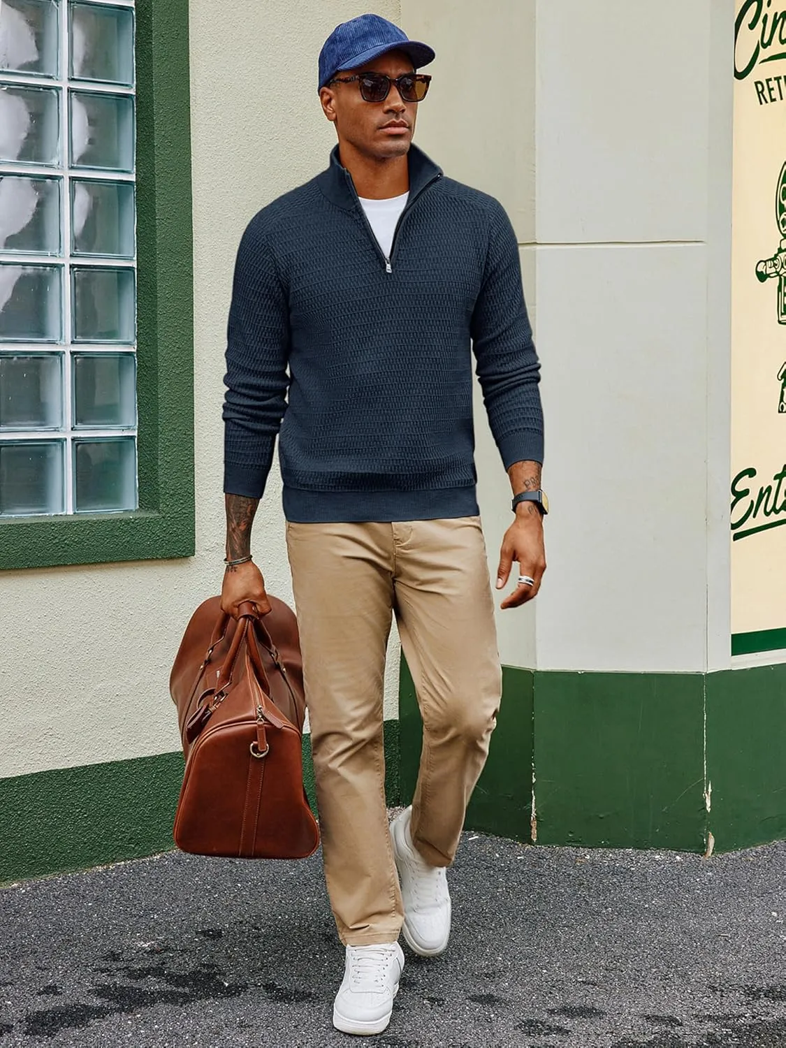 PJ PAUL JONES Men's Quarter Zip Sweaters Slim Fit Long Sleeve Casual Pullover Sweater Knit Textured Mock Neck Polo Sweaters