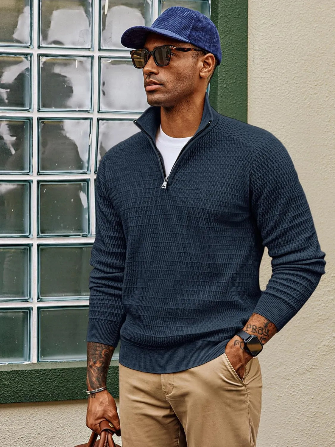 PJ PAUL JONES Men's Quarter Zip Sweaters Slim Fit Long Sleeve Casual Pullover Sweater Knit Textured Mock Neck Polo Sweaters