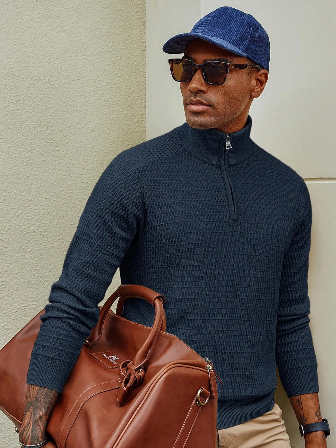 PJ PAUL JONES Men's Quarter Zip Sweaters Slim Fit Long Sleeve Casual Pullover Sweater Knit Textured Mock Neck Polo Sweaters